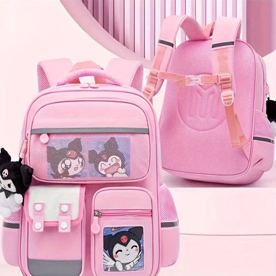 Kawaii Kuromi-themed school backpack with multiple pockets, lightweight design, shoulder straps, and compartments for organizing supplies and rewards.