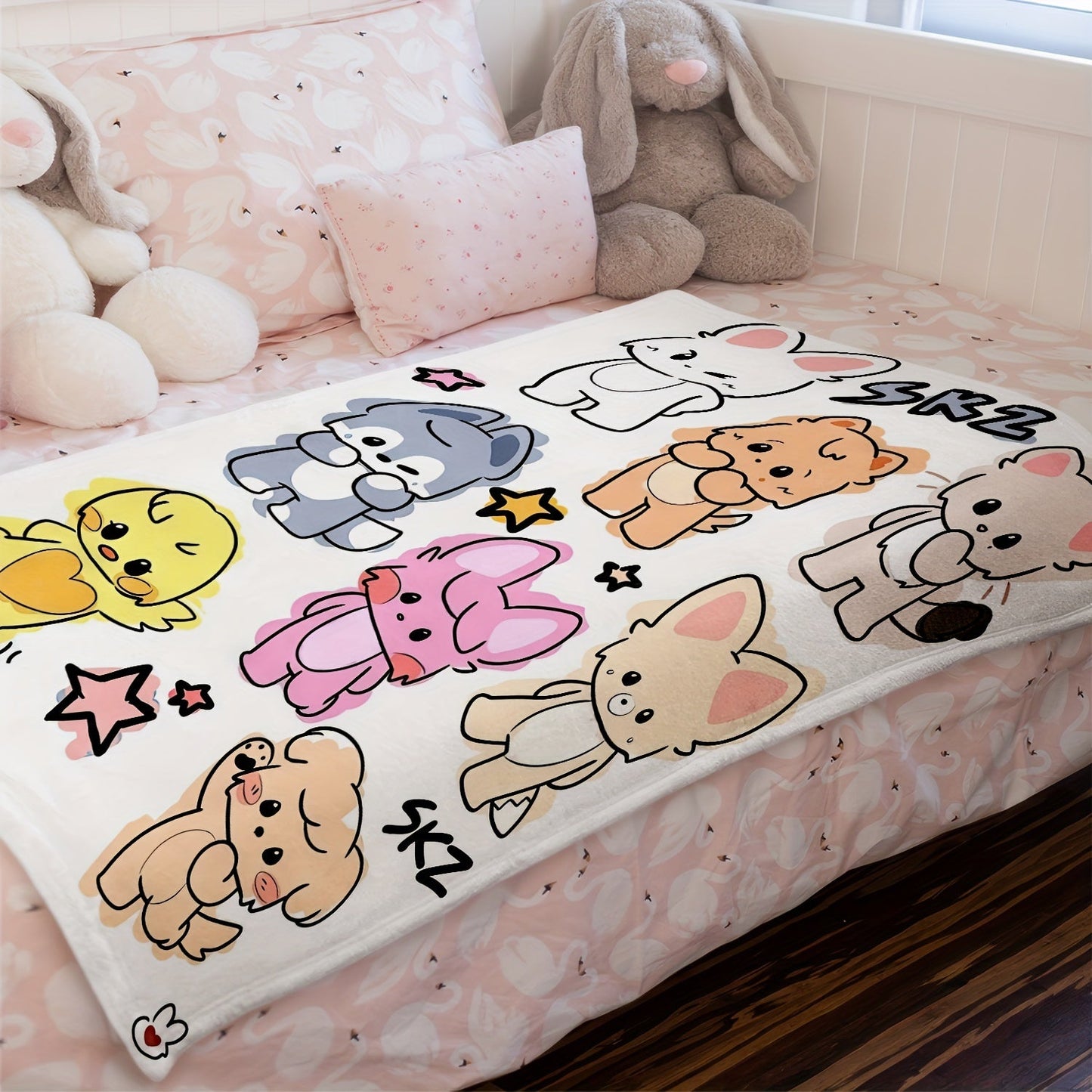 Soft flannel throw blanket featuring adorable K-POP Idol design, suitable for all seasons, easy to clean in washing machine. Stay cozy in style!