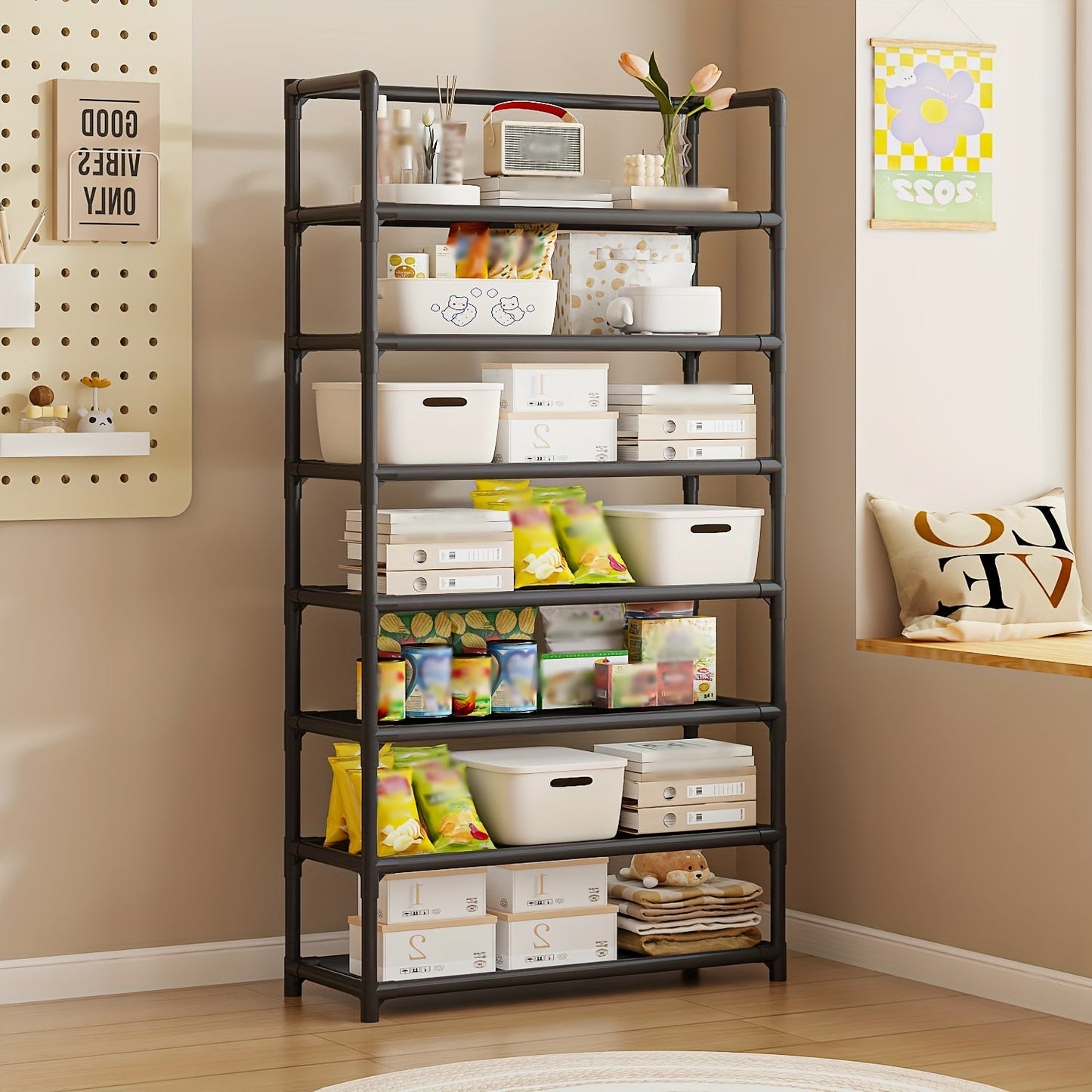 Large Capacity Storage Rack with 7 Tiers - Simple Assembly, Multi-functional Organizer for Home & Office