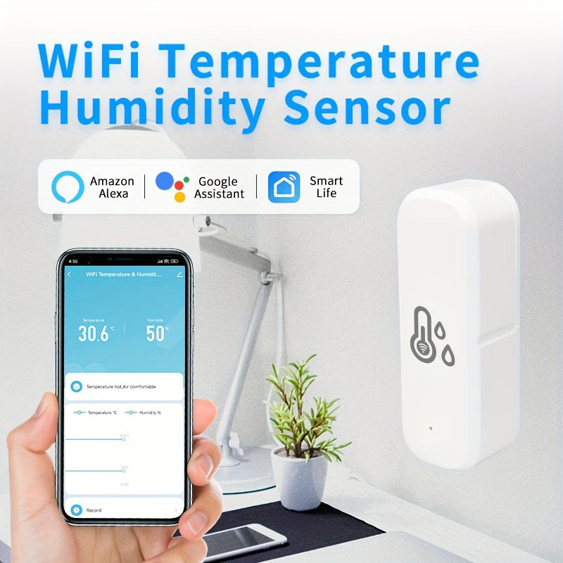 Tuya Wi-Fi Smart Temperature and Humidity Sensor for Smart Home Automation, works with Alexa and Google Assistant, app-controlled, battery powered, no hub needed.