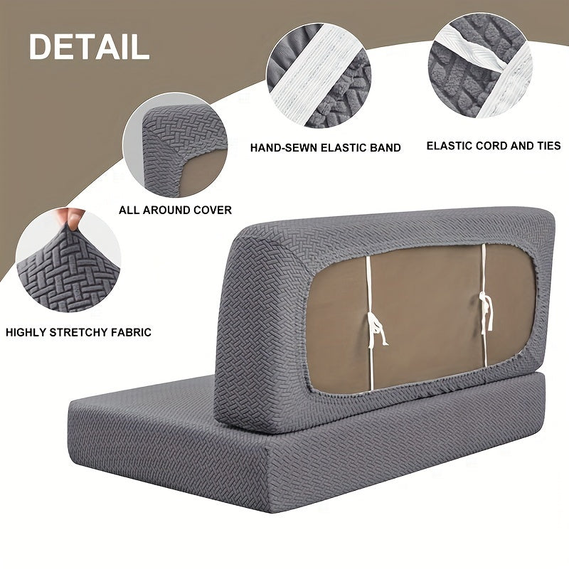 Modern 2-piece RV cushion slipcover set made of stretchy jacquard fabric. Machine washable with slipcover grip and elastic band for camping bench and furniture protection. Made of polyester and spandex.