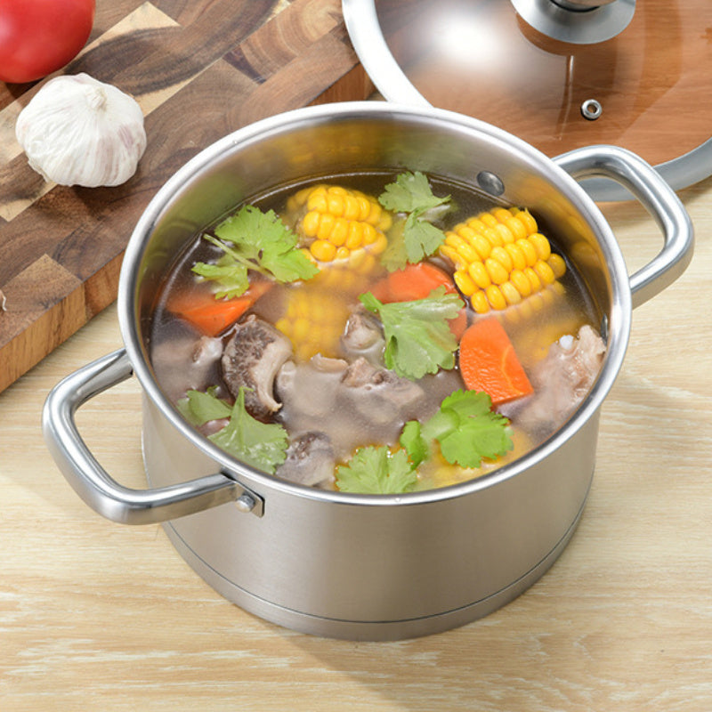 Three-piece set of stainless steel cookware includes a durable soup pot with double handles, a saucepan with a single handle, and a frying pan. All pieces are heat-resistant, easy to clean, and feature visual lids and hollow handles for added convenience.