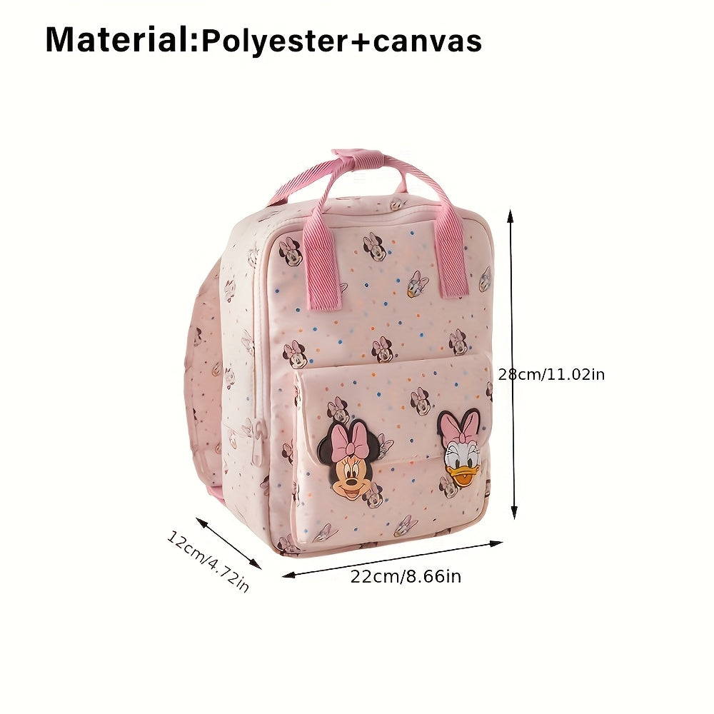 Women's pink Minnie Daisy printed backpack, made of lightweight polyester and canvas material.