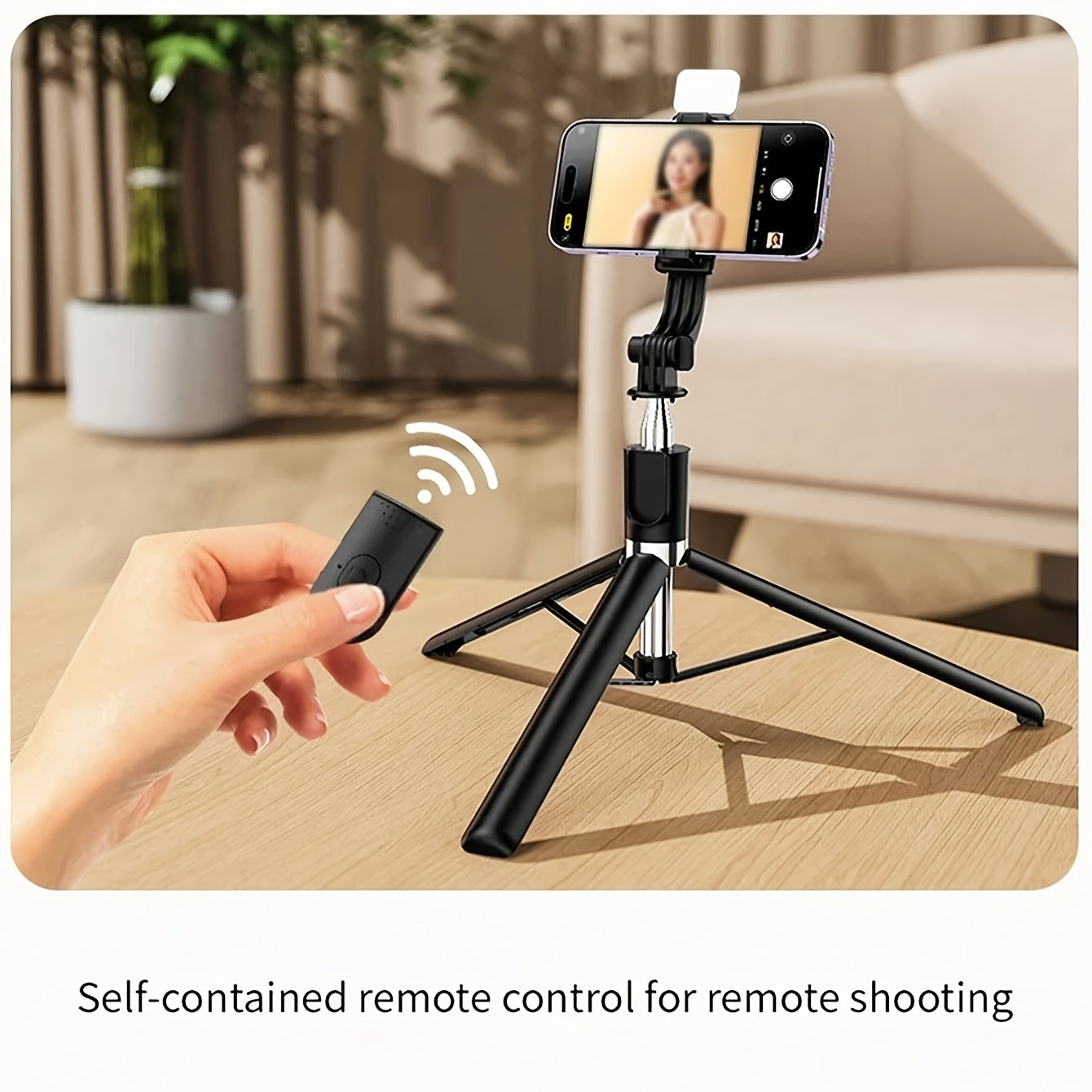 Extendable wireless selfie stick with remote, foldable phone tripod for smartphones with non-rechargeable button battery.