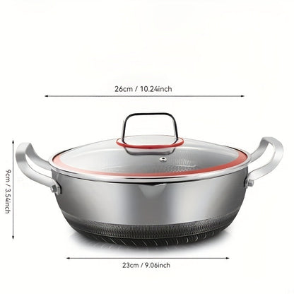 The 10-inch stainless steel frying pan comes with a lid and features a honeycomb non-stick bottom. It is induction compatible and has dual handles, making it versatile for use in various cooking methods such as hot pot and frying.