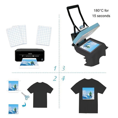 A4 Iron-On Transfer Paper: 20 sheets for dark T-shirts, matte finish, high-quality inkjet transfer, vibrant designs, fabric decoration.