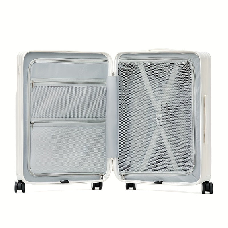 20-Inch Lightweight Hard-Shell Spinner Luggage with USB Port, Expandable Handle, and Multi-Directional Wheels, Stylish White Suitcase for Travel and Business Trips.