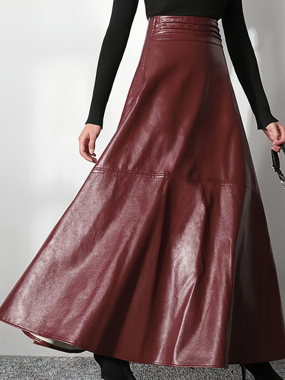 Plus-size fashionable women's flared A-line faux leather skirt with custom design.