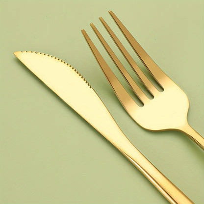 Stainless steel flatware set with a golden finish and elegant modern design for home, kitchen, restaurant, and wedding use.