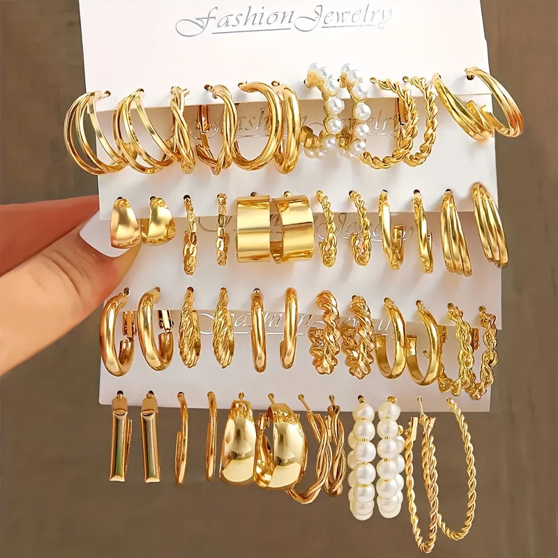 24 pairs of heart and faux pearl decorated hoop earrings, perfect for women's daily wear. Cute and luxurious style.