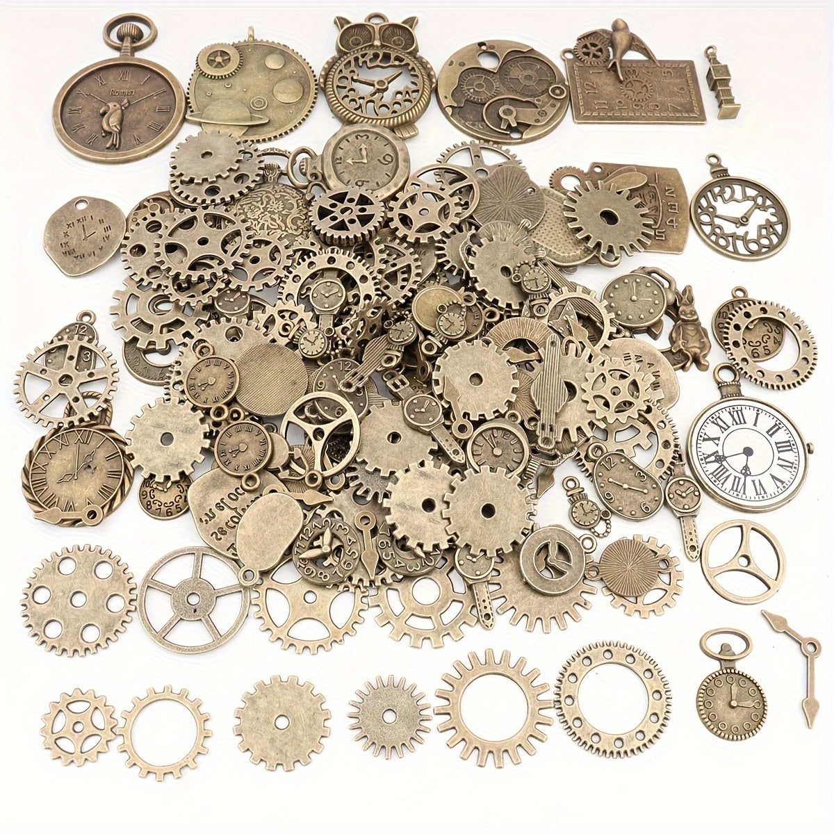 [Best-Selling] Set of 160 Vintage Bronze Alloy Charms - Steampunk Mechanical Gear & Clock Pendants for DIY Jewelry Making, Retro Style with Antique Bronze Finish