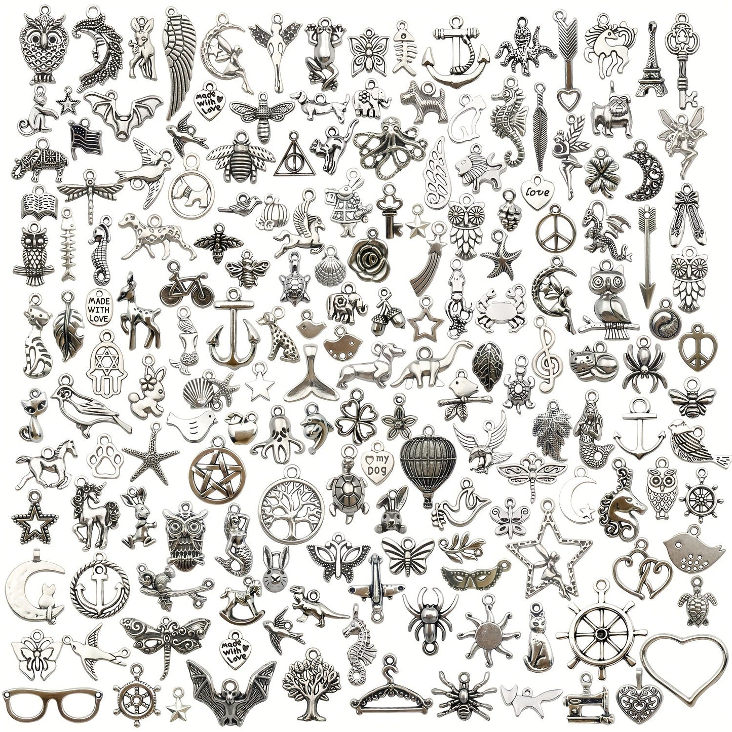 Set of 200 Antique Silver Alloy Charms, Perfect for Creating Necklaces, Bracelets, and Keychain Jewelry