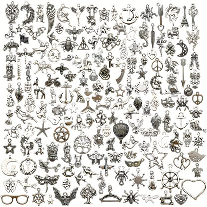 Set of 200 Antique Silver Alloy Charms, Perfect for Creating Necklaces, Bracelets, and Keychain Jewelry