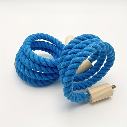 Bird perch made of blue braided rope with wooden platforms, suitable for various bird species and small pets.