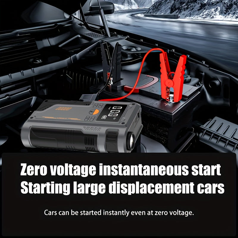 Portable wireless car emergency starter with tire inflator pump, LED flashlight, and USB rechargeable lithium battery.