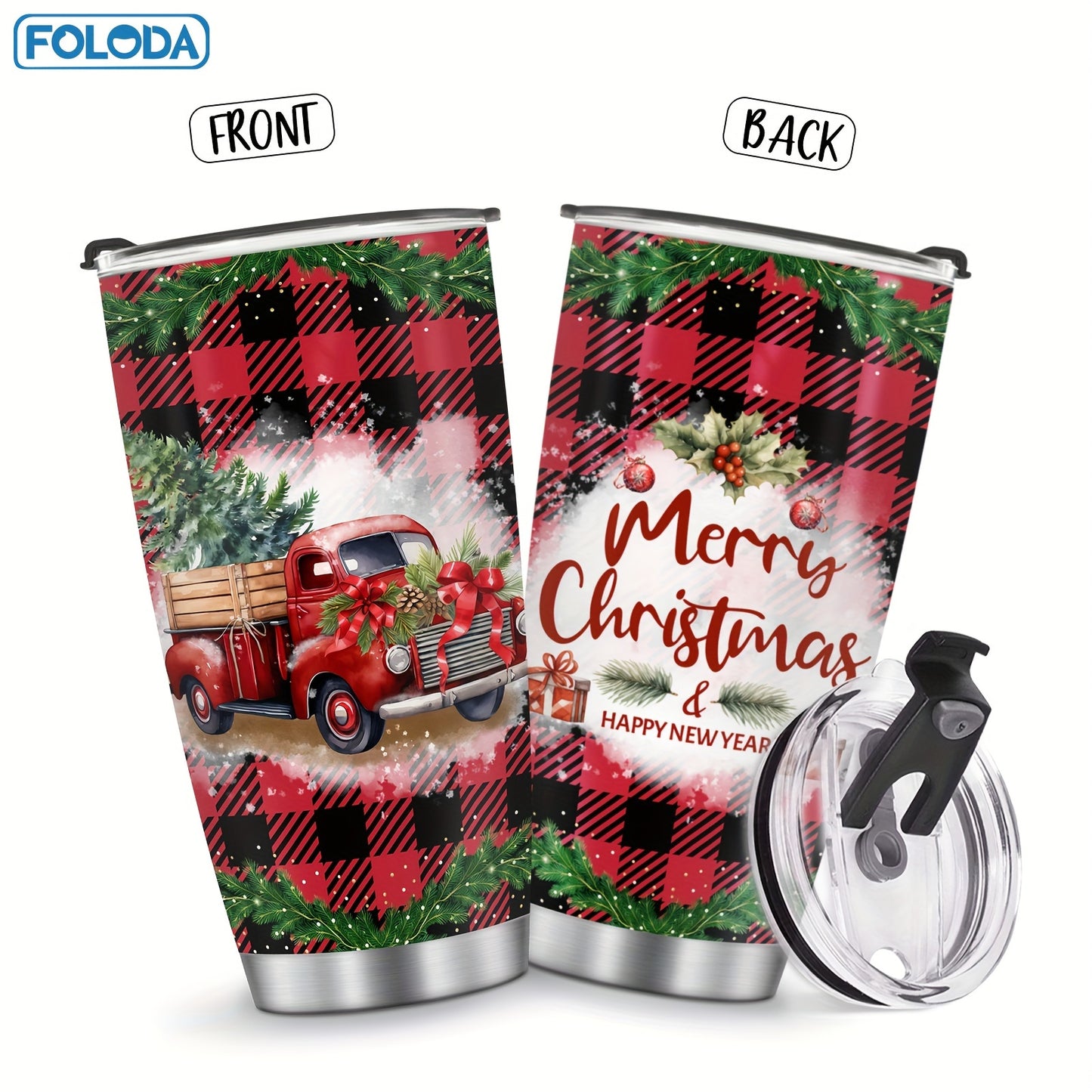 FOLODA 20oz insulated stainless steel tumbler with lid is ideal for running and sports. Features a Christmas Red Truck design, perfect for holiday gifts.