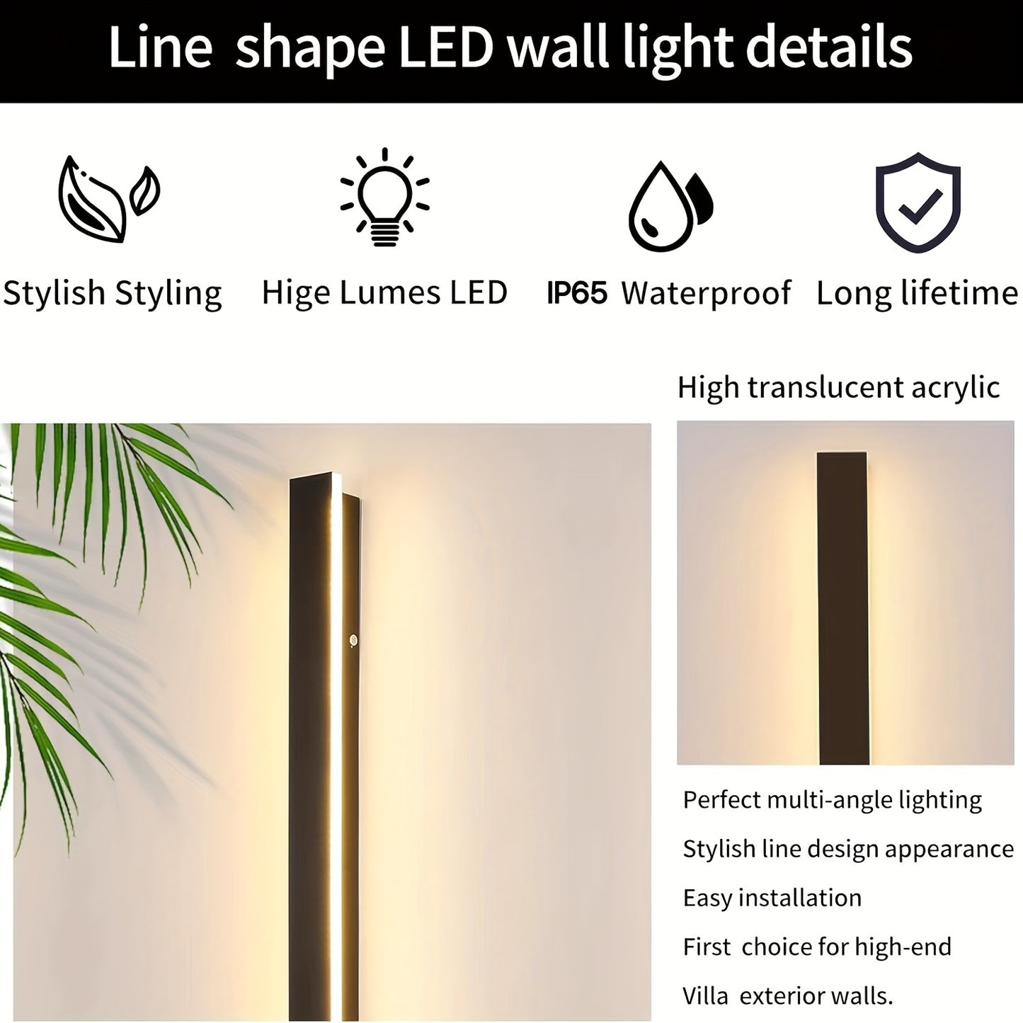 Modern indoor/outdoor 20W LED wall light in warm light, 100.0 cm long, black, suitable for living rooms, porches, garage doors, and yards.