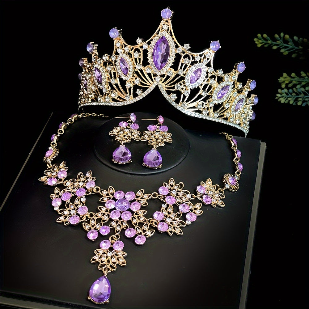 3pc Bridal Crown Set with Tiara, Necklace, and Earrings for Wedding, Photo-shoots, and Parties