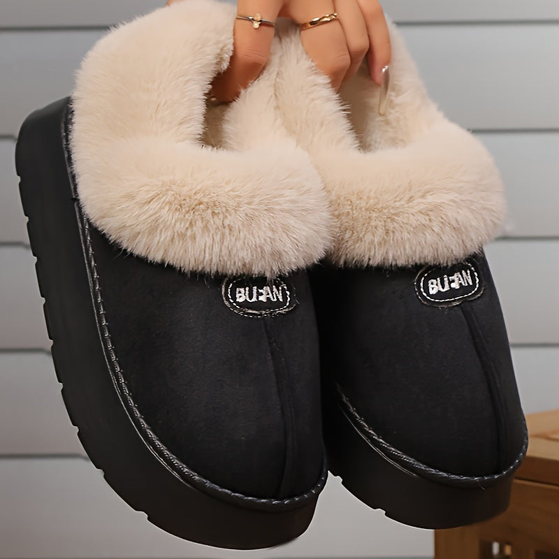 Women's preppy solid color slip on furry slippers with soft warm fleece, round toe, EVA sole, fabric upper and inner material, all-season casual wear.