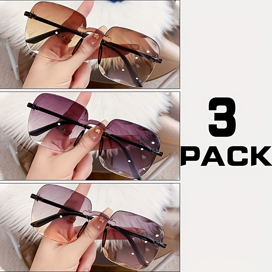 3 pairs of stylish square frameless glasses for men and women, perfect for weddings, street style, and a youthful appearance.