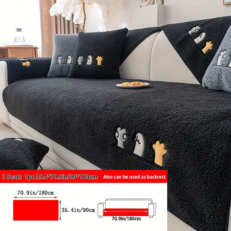 Plush Shearling Sofa Cover with Animal Embroidery - Pet-Friendly, Non-Slip Protector for All Sofa Sizes - Soft Decor for Living Room, Bedroom, Office.