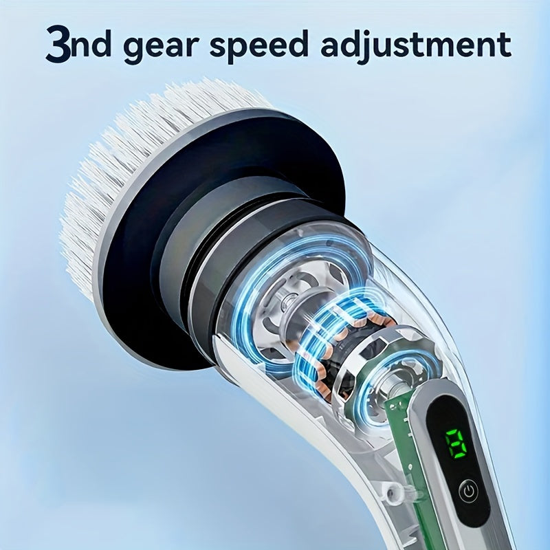 The Cordless Electric Rotating Washer comes with 9 replaceable brush heads and an adjustable extension handle. This 360-degree cordless cleaning brush is perfect for bathrooms, bathtubs, and tiles. Its powerful electric rotating floor washer makes