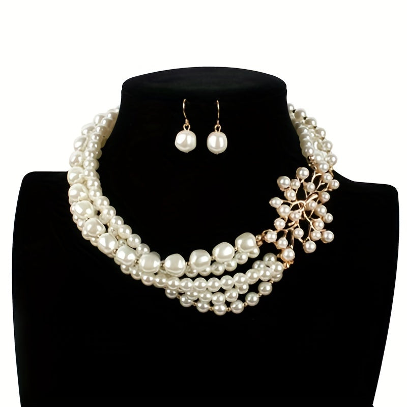 ornament for party, wedding, and prom, this jewelry set features a vintage-inspired baroque style faux pearl tree branch design necklace and earrings.