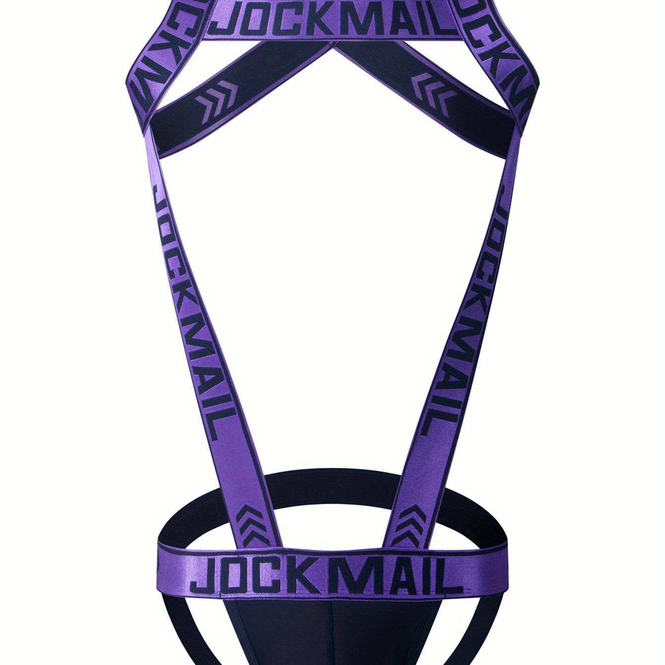 JOCKMAIL Men's Sexy Jockstrap - Stretchy nylon with branded print, breathable and comfortable, purple straps with white lettering, perfect for intimate wear.