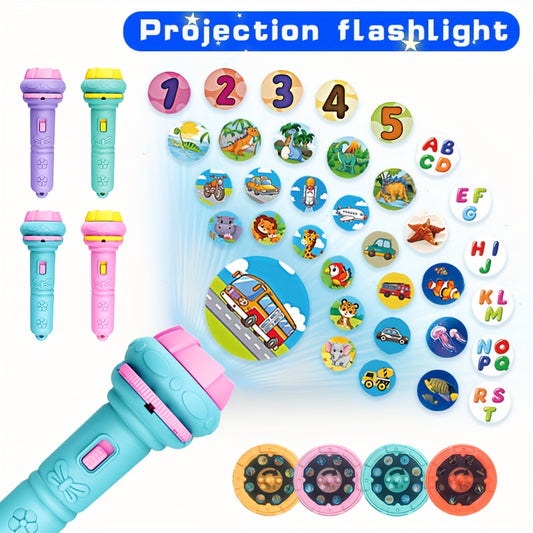 Projection flashlight for kids with 32 patterns featuring animals, dinosaurs, cars, and space for fun learning and bedtime education.