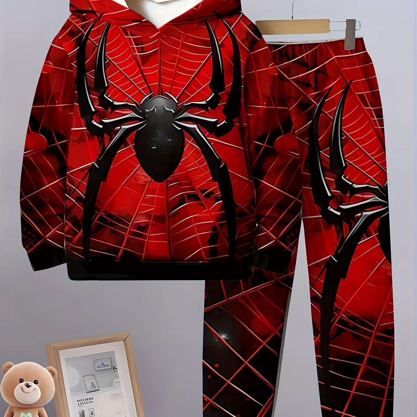 Spider Hero 3D Digital Print Hooded Sweatshirt & Pants Set for Boys, Comfortable and Versatile for Outdoor Wear in Autumn and Winter.