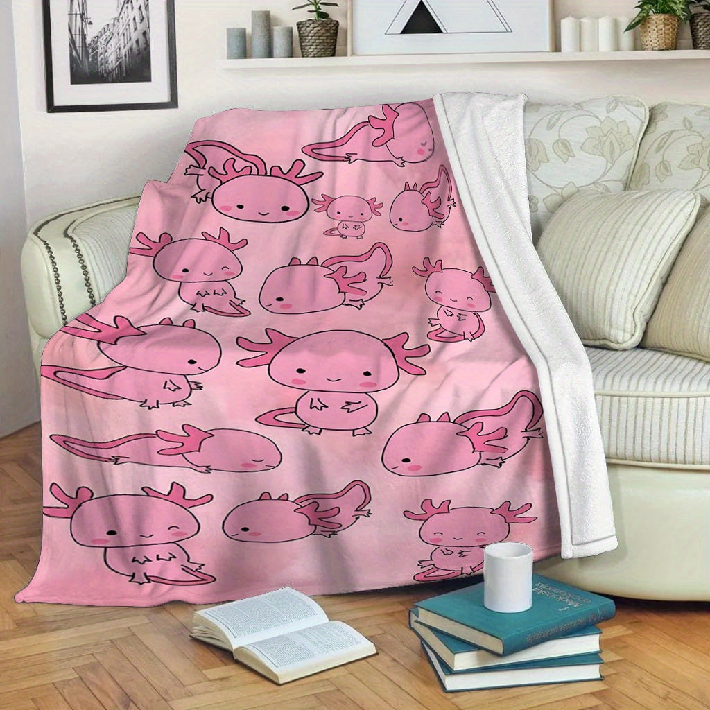 Soft, warm, and lightweight pink cartoon salamander print fleece blanket made of comfortable polyester flannel. Ideal for travel and versatile for all seasons, this contemporary style blanket is the perfect gift for boys, girls, and adults. Machine