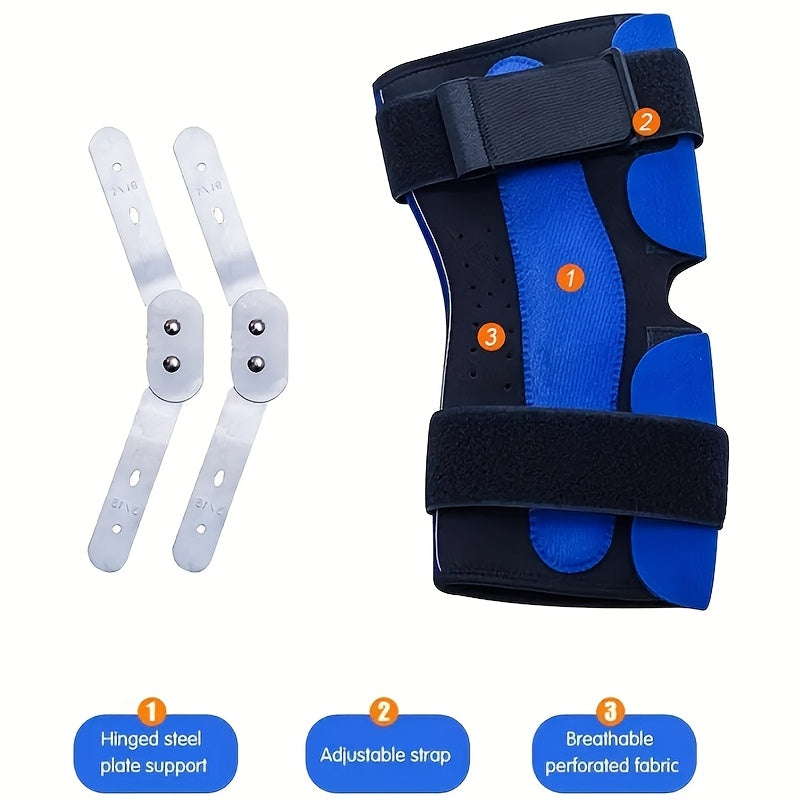 Adjustable hinged knee brace made of neoprene for support during sports and exercise, hand washable.