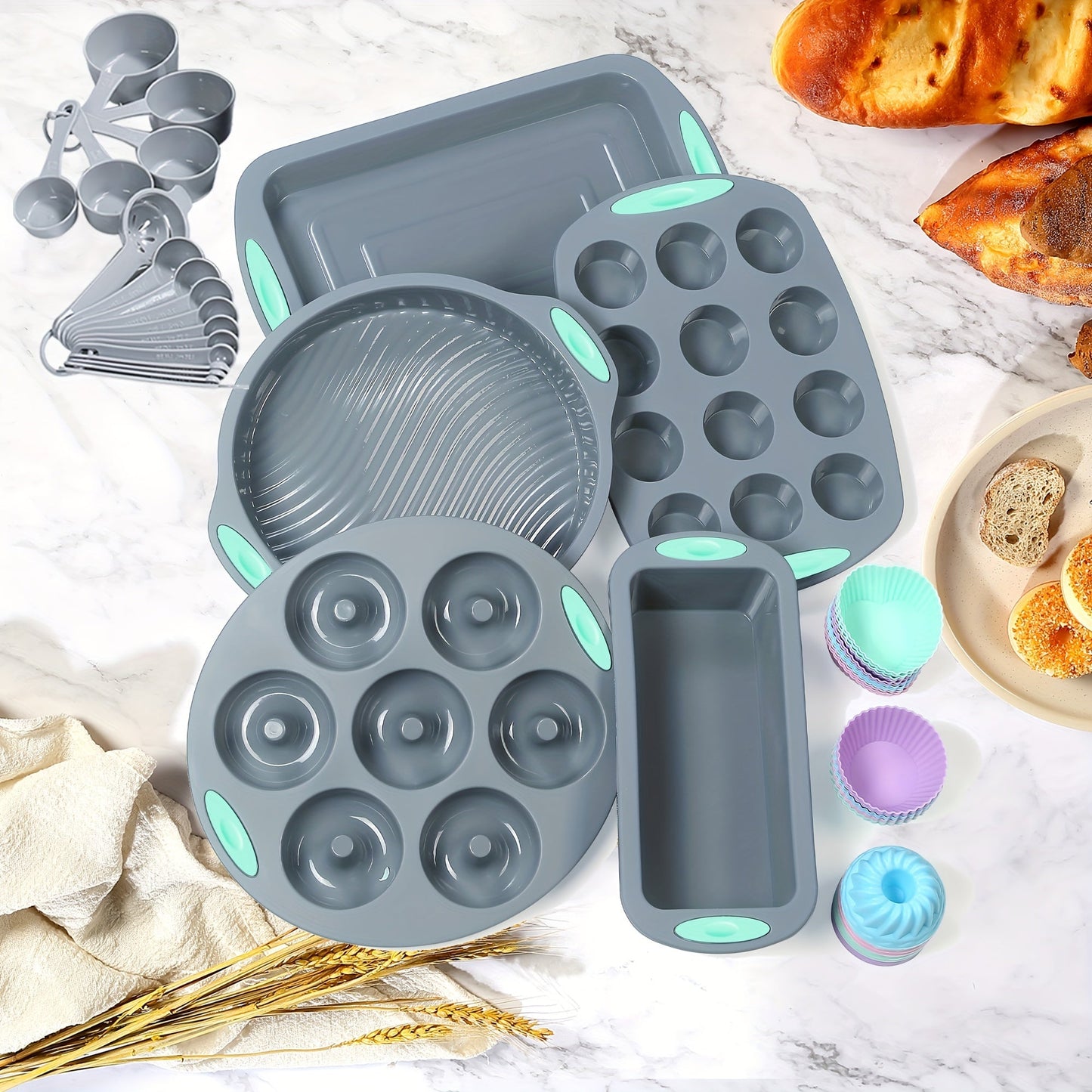 Silicone Baking Set with 45 Pieces including Nonstick Bakeware for Baking Cookies, Cakes, Muffins, and Breads. Set includes Loaf Pan, Cake Pan, Pizza Pan, Mini Cupcake Mold, Bundt Pan, Charlotte Cake Pan, and Measuring Cup and Spoon.