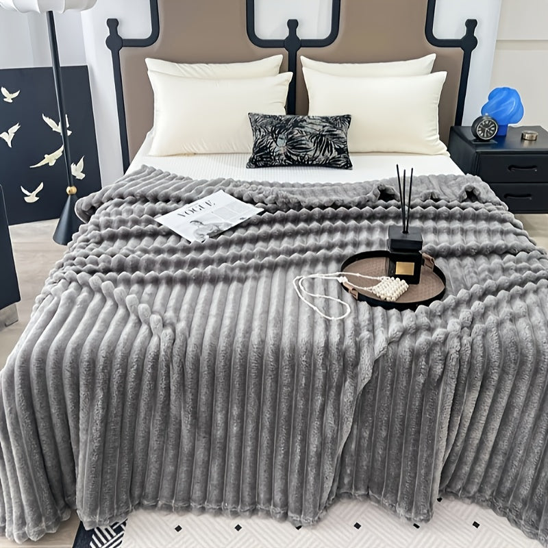 Contemporary Carved Velvet Throw Blanket with Double-Sided Faux Rabbit Fur - Soft, Warm, and Machine Washable. Ideal for Bedroom, Living Room, Dorm, Travel. Suitable for All Seasons. Made from Polyester Knit Fabric with a weight of 300-350gsm.