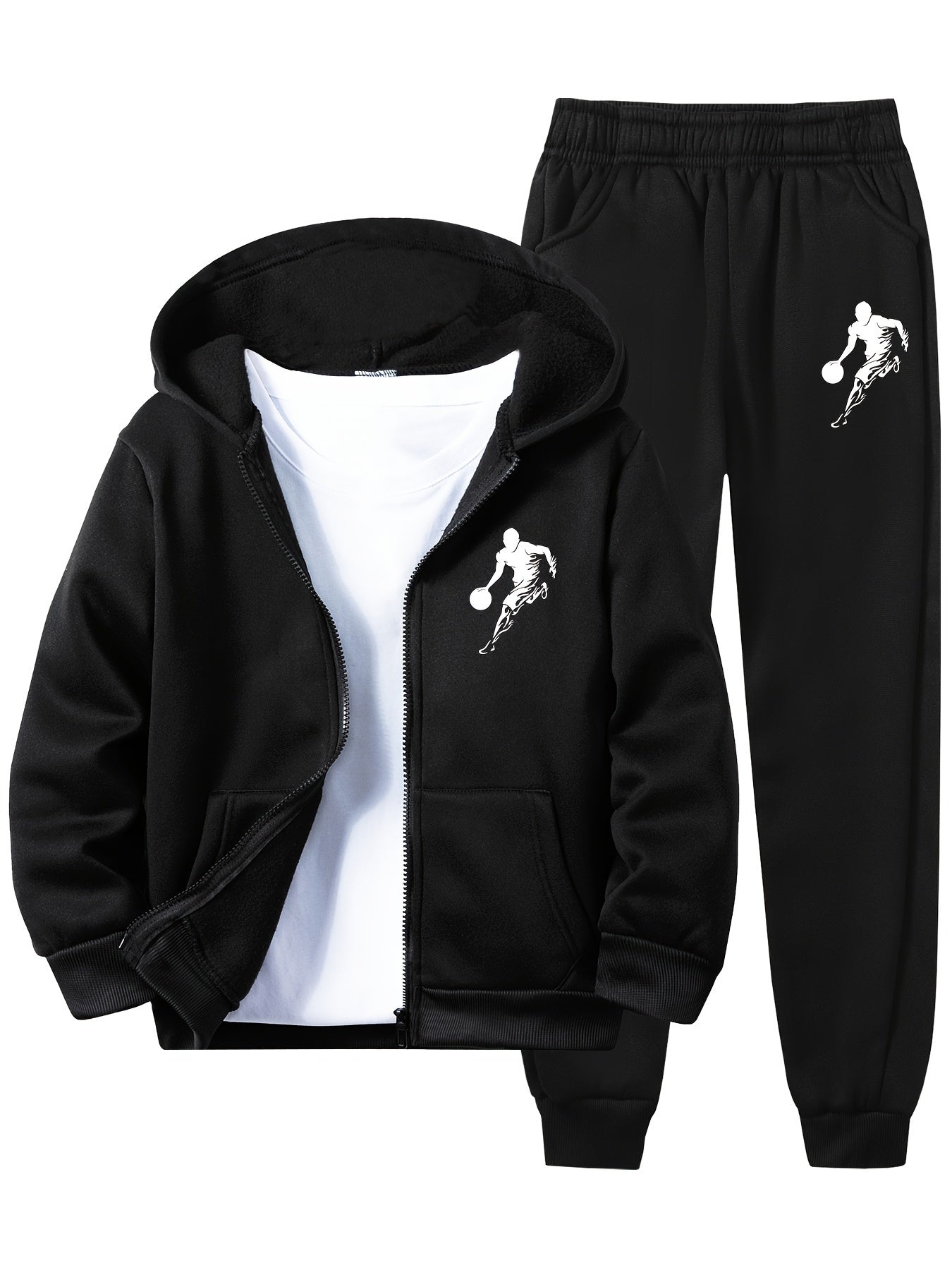 2-piece set with basketball player print hoodie and sweatpants for boys and girls. Knit polyester with geometric pattern top. Regular fit with slight stretch for fall/winter daily wear