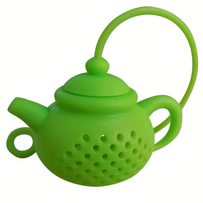 Reusable teapot-shaped tea infuser made of silicone for loose leaf tea, ideal for kitchen and dining use, small in size suitable for making tea.