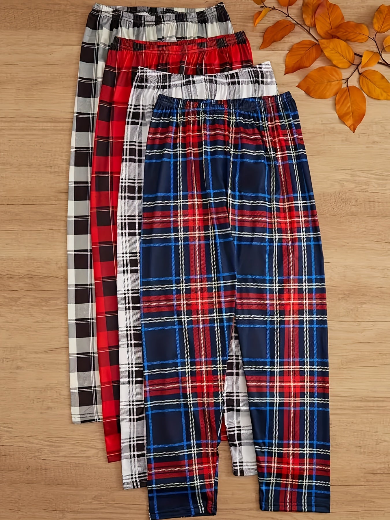 Men's 4pcs Plaid Pants Set for Spring, Autumn, and Winter. Loose-fit for outdoor or home wear.