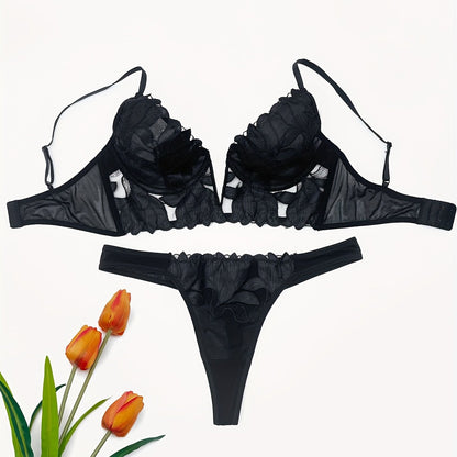 Women's Floral Embroidered Lingerie Set with Push-Up Plunge Bra and Mesh Thong