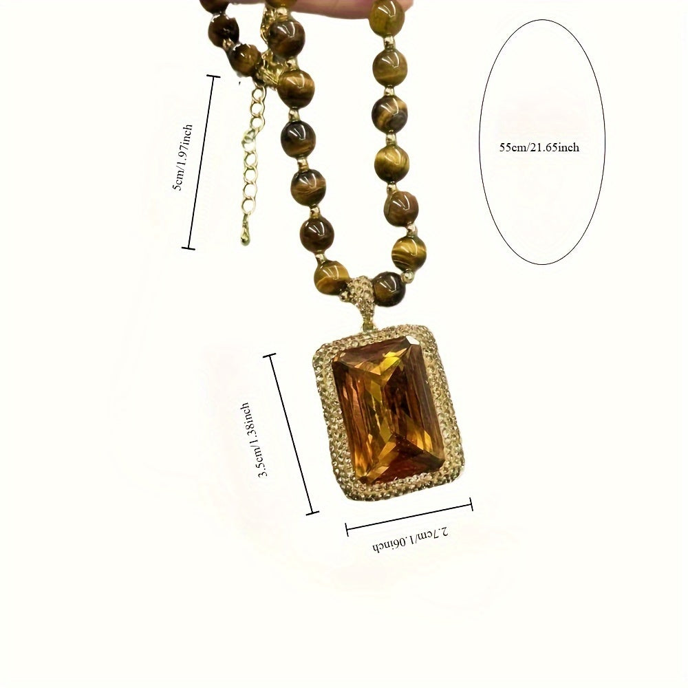 Elegant Tiger Eye Stone Pendant Necklace with 14K Golden Plating and Synthetic Crystal Accents, Perfect for Daily or Special Occasions, Autumn Collection