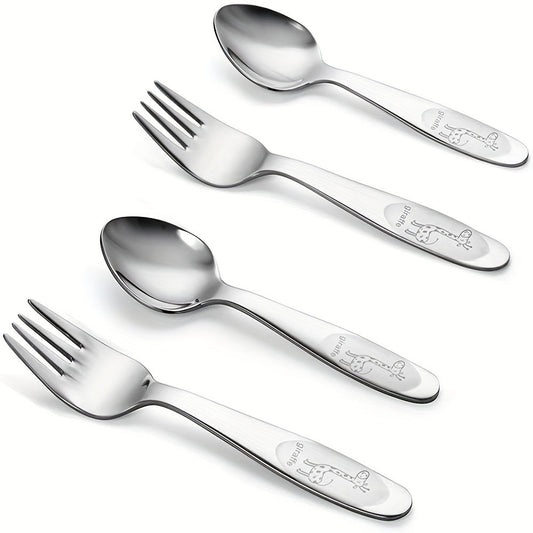 Set of 4 Stainless Steel Utensils (Spoons and Forks) for Safe Self-Feeding. Flatware Sets with Mirror Polished Finish, Dishwasher Safe