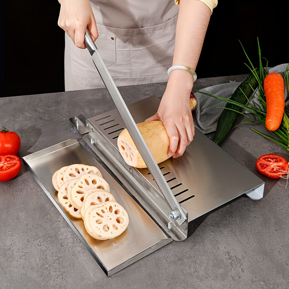 One piece of a large-sized professional kitchen cutter made of stainless steel, the manual mandoline slicer is perfect for slicing vegetables, fruits, and meats. This non-electric versatile food slicing tool has a 27cm blade.