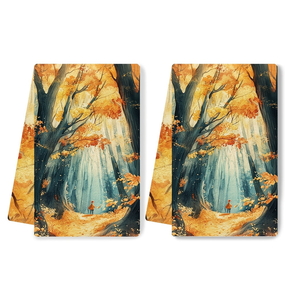 Set of 2 Ultra Soft Kitchen Towels featuring an Autumn Forest Scene, designed for high absorption and easy machine washing. Each towel measures 40.64x60.96 cm, ideal for holiday decoration and drying dishes.