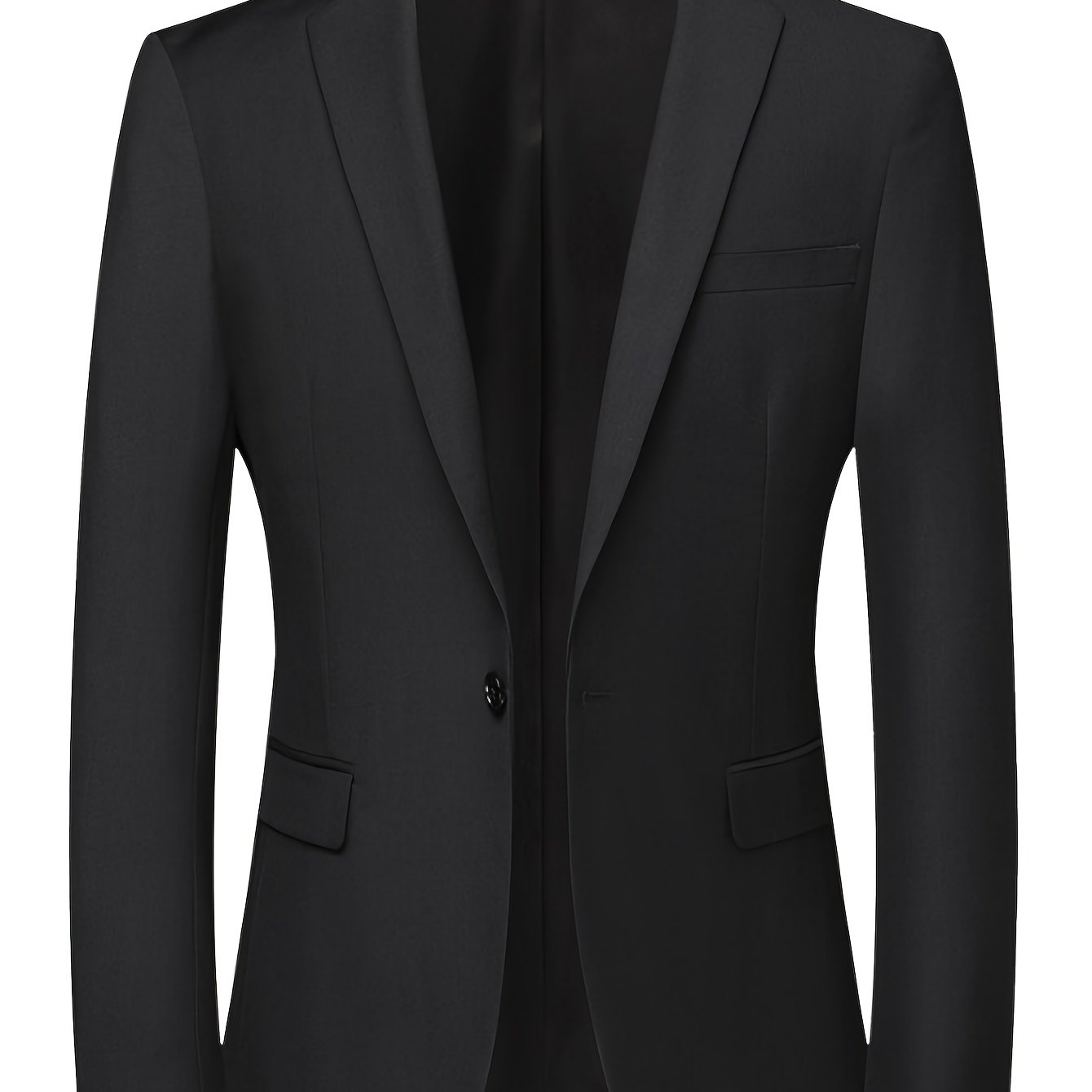 Men's casual solid color blazer in polyester fabric with lapel collar, single button placket, and slit hem.