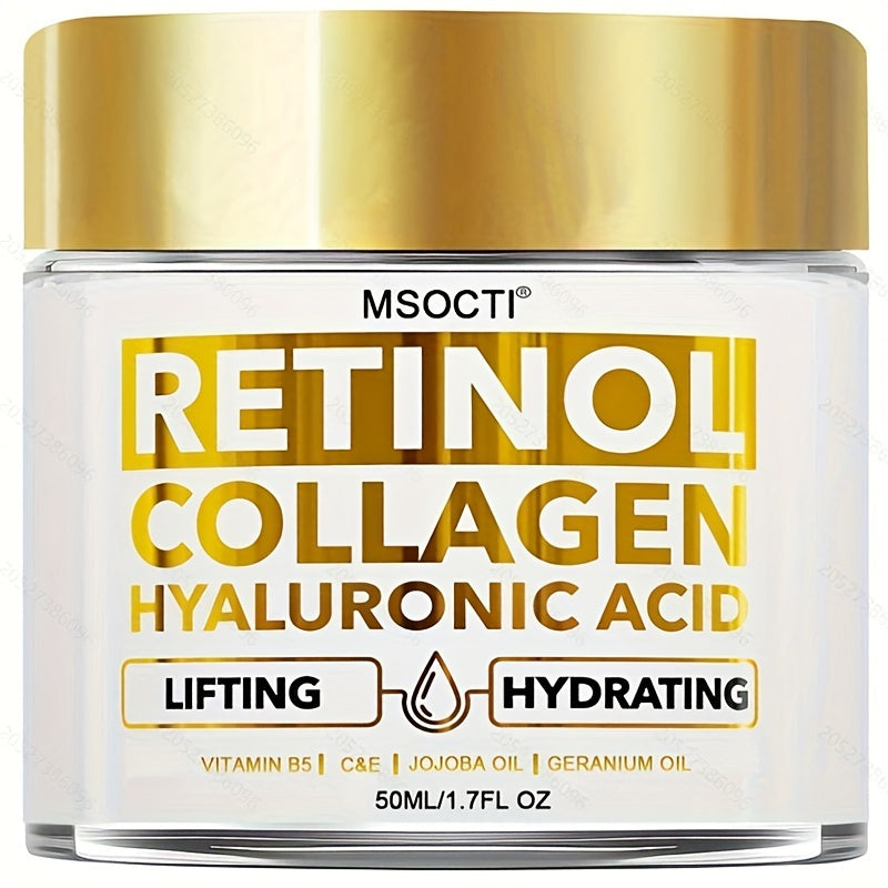 A hydrating cream for all skin types containing Retinol, Collagen, Shea Butter, Vitamin C, Aloe Vera, and Hyaluronic Acid.