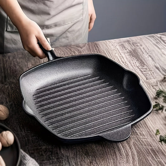 This new large steak frying pan is made of thickened cast iron, making it perfect for use in a new home. It can also be used for frying fish and features a special design that makes it compatible with both gas and electric stoves. The pan has a flat