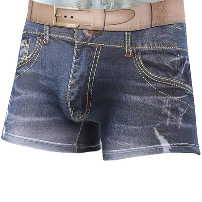 Men's fashion cotton 3D denim boxer briefs with belt print, breathable and stylish underwear.