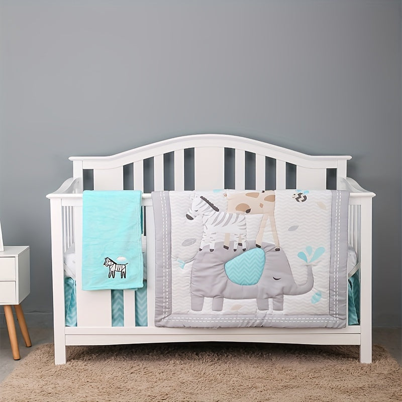 Five-piece bedding set includes all-polyester printing: Quilt, fitted sheet, children's bed skirt, blanket, and pillowcase.