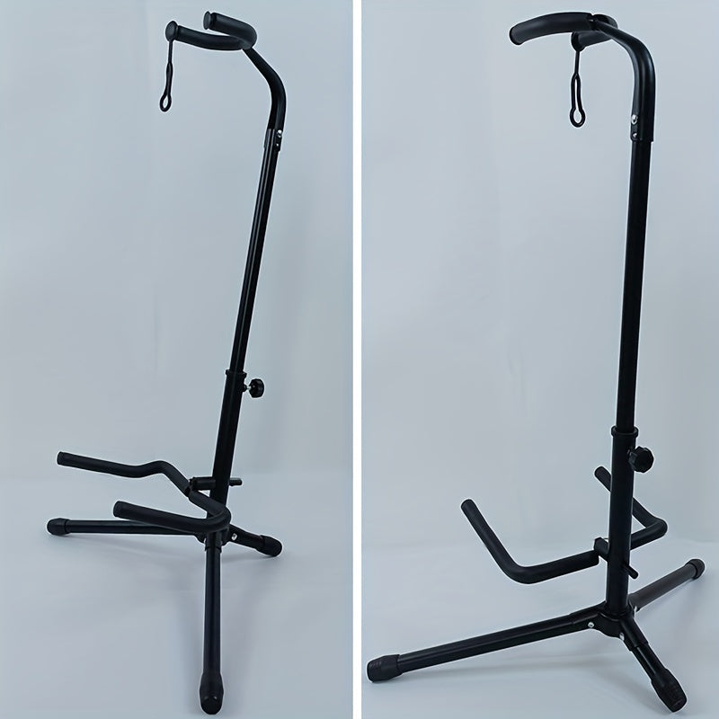 Portable guitar stand, adjustable height, foldable, with soft padding and rubber feet for all guitar types.