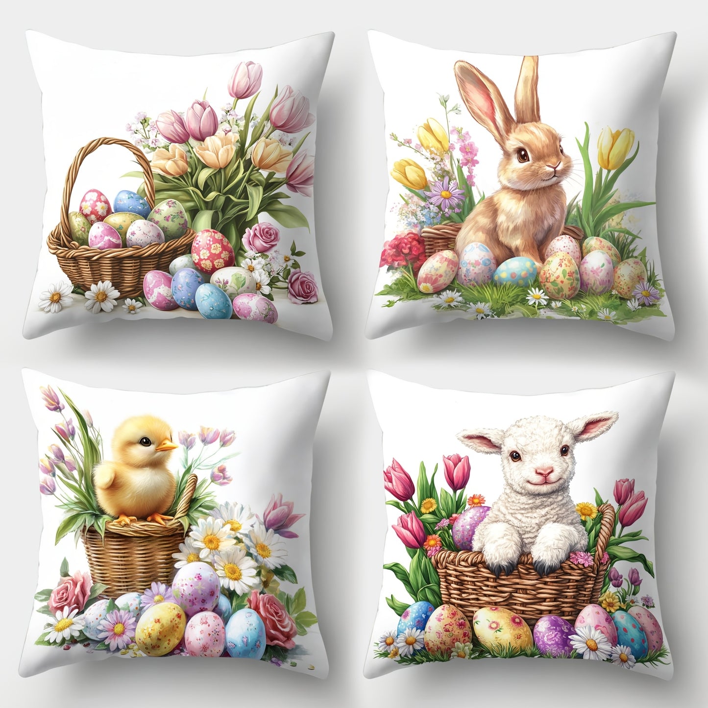 Set of 4 Easter floral throw pillow covers made of soft polyester with zip closure, hand washable. Ideal for sofa, home decor, office, and living room. No insert included. Single-sided printing.