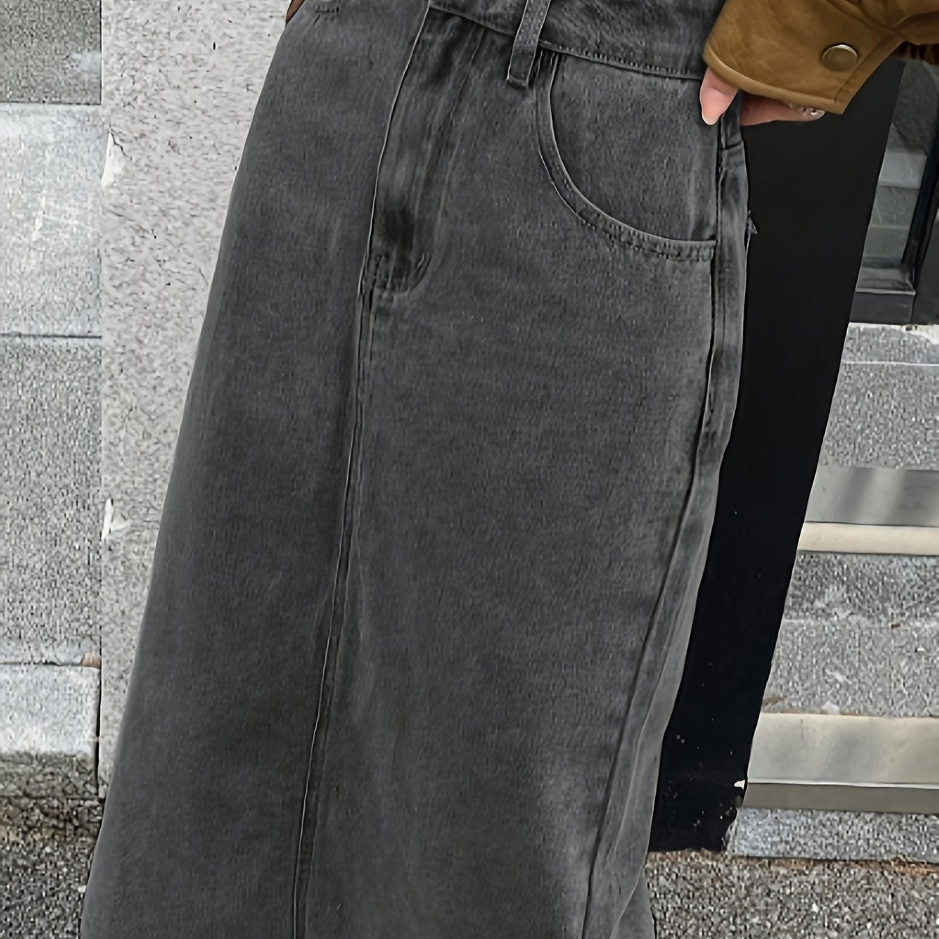 Casual denim skirt in washed grey with split back detailing, women's jeans & clothing.